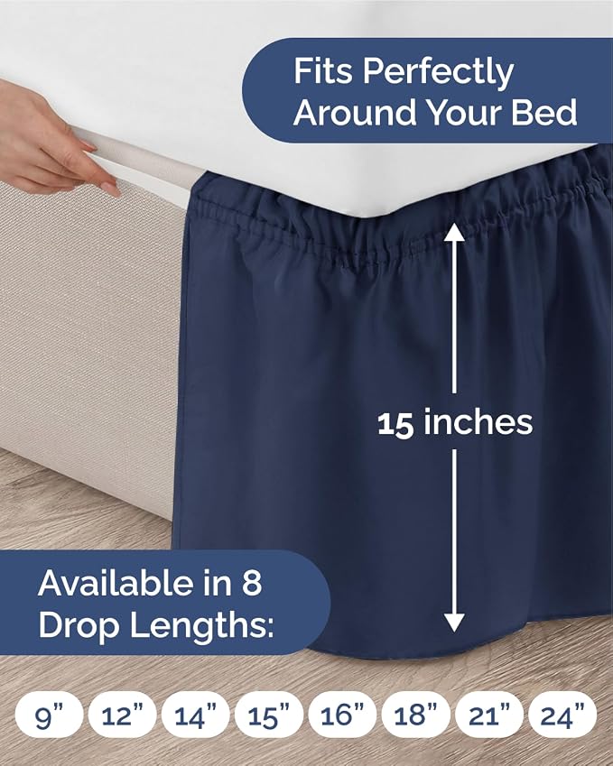 Wrap Around Dust Ruffle Bed Skirt, Queen Size - 15 Inch Drop, Navy Blue | Easy Fit Elastic Strap, Adjustable Pleated Bedskirt w/Brushed Fabric, Wrinkle & Fade Free, for Women, Men, Kids & Teens
