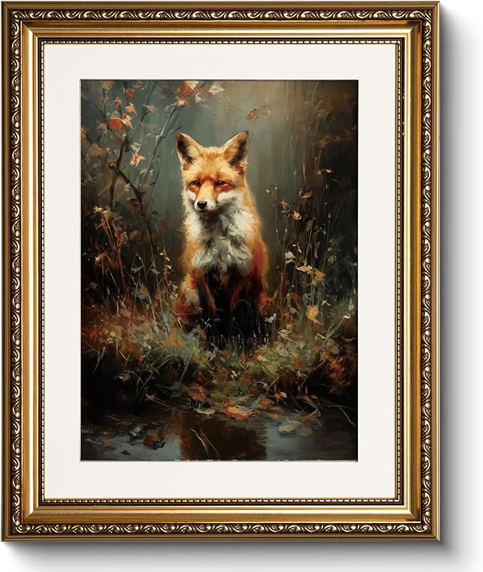 WHASAYART Vintage Gold Framed Wildlife Waterside Fox Canvas Wall Art | Elegant Animal Autumn Forest Tones Painting, Classic Nature Living Room Bedroom Wall Decor, 13x16" Waterproof Canvas Painting