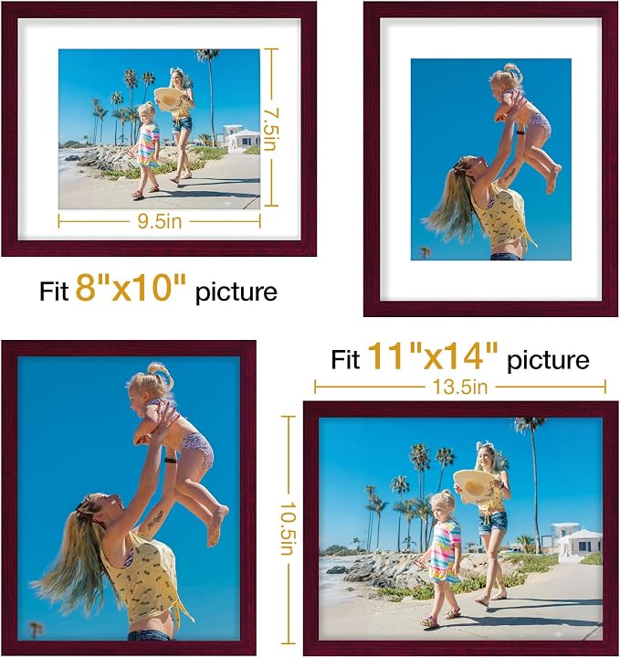 Vittanly 11x14 Picture Frames Set of 9 for Wall Mounting, Cherry Red | Display Pictures 8x10 with Mat or 11x14 without Mat, Engineered Wood with Shatter Resistant Plexiglass, Gallery Photo Frames
