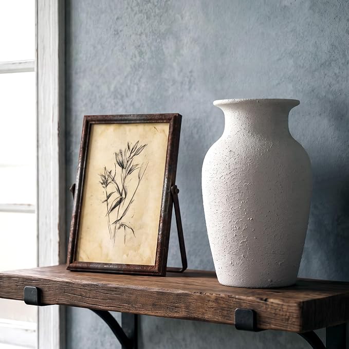 White Ceramic Vase for Home Decor, 8.4 Inch Terracotta Flower Vase | Waterproof Interior, Decorative Rustic Vase for Living Room, Dining Table, Fireplace, Shelf, Office, Housewarming Gift