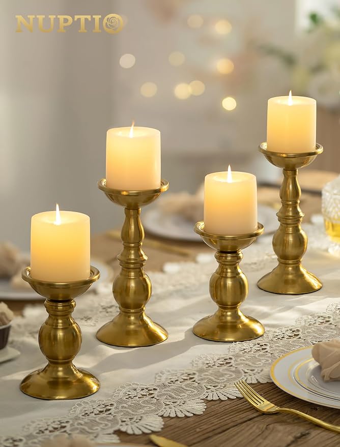 NUPTIO Pillar Candle Holder Brass: Gold Tall Candles Stand for 3" Pillars
