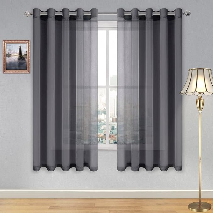 DWCN Gray Semi Sheer Curtains, Grommet Top Window Sheer Drapes for Bedroom Living Room, Faux Linen Look Voile Transparent Solid Sheer Curtains Set of 2 Panels 60 x 63 Inches Long, Dark Gray