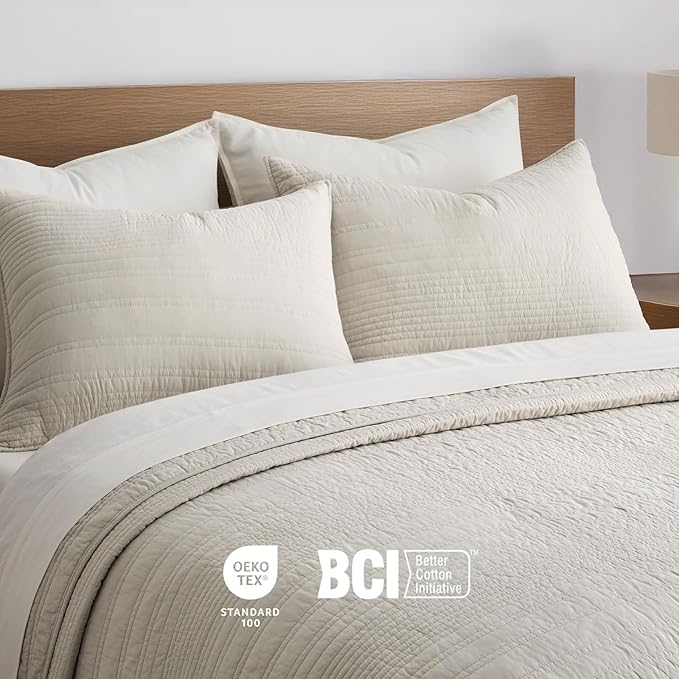 EVERGRACEHOME 100% Cotton Quilt Set Oversized Cal King, Birch | Pre-Washed Soft Cotton, Striped Coverlet Bedspread, 3 Piece Lightweight Bedding Set for All Season, with 2 Pillow Shams