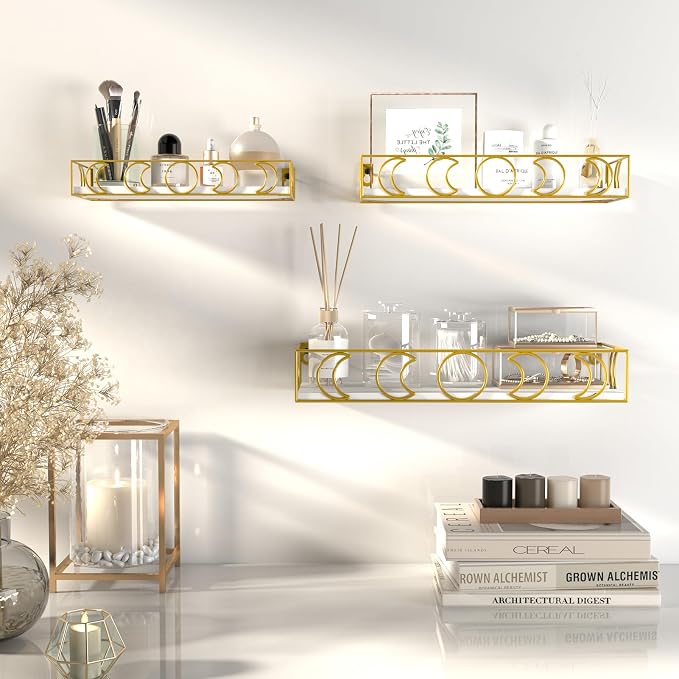 PHAREGE Moon Phase Floating Shelves White Gold Set of 3