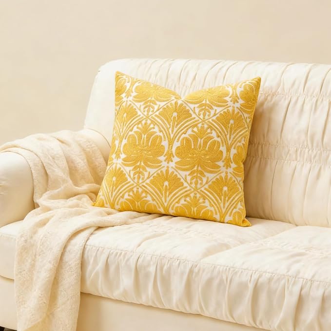 Slow Cow Yellow Canvas Embroidery Decorative Throw Pillow Cover Cushion Cover for Couch Sofa 18 x 18 Inches