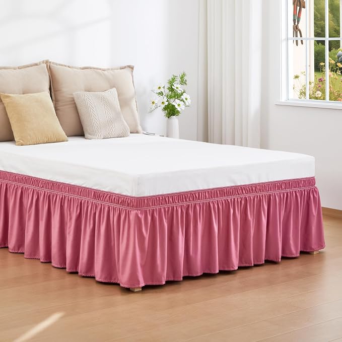 Dusty Red Bed Skirt Queen Size 18" Drop, Elastic Wrap Around Bedskirt | Solid Ruffled, Easy to Use, No Mattress Lifting, Wrinkle & Fade Resistant, with Adhesive Strips, Machine Wash/Dry/Iron