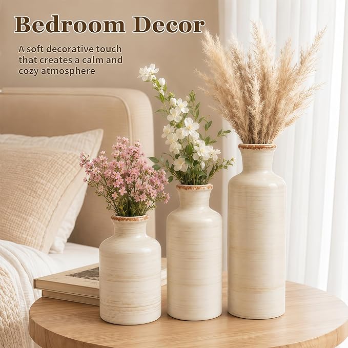 Ceramic Vases Set of 3, White Modern Rustic Home Decor Flower Vases | Farmhouse Ceramic Vases for Farmhouse, Horizontal Stripes Nordic Vases for Home Décor, Table Decor, Entryway, Shelf, Mantel