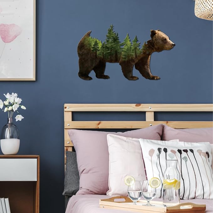 Resama Metal Wall Art Forest Modern Pine Tree Animal Bear Rustic Art Decor | Wilderness Decoration Mountain Ornaments for Living Room Bedroom Indoor and Outdoor Supplies(Colorful)
