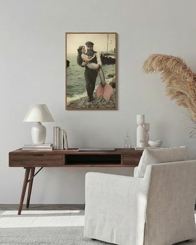 WHASAYART Vintage Mermaid Fisherman Wall Art 16x24 Framed Canvas Print | Retro Whimsical Ocean Mythology Legend Photorealistic Painting Artwork, Fishing Gear Room Beach House Coastal Nautical Decor
