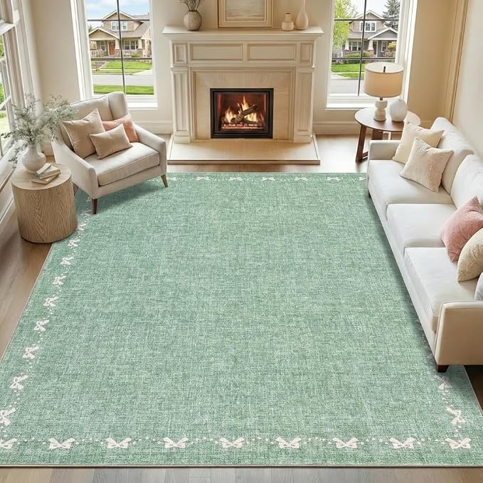 COZYLOOM 8x10 Large Bow Border Area Rug for Living Room, Machine Washable Area Rugs for Bedroom, Non Slip Non Shedding Solid Color Rug Stain Resistant Low Pile Mats for Dining Room, Office, Green