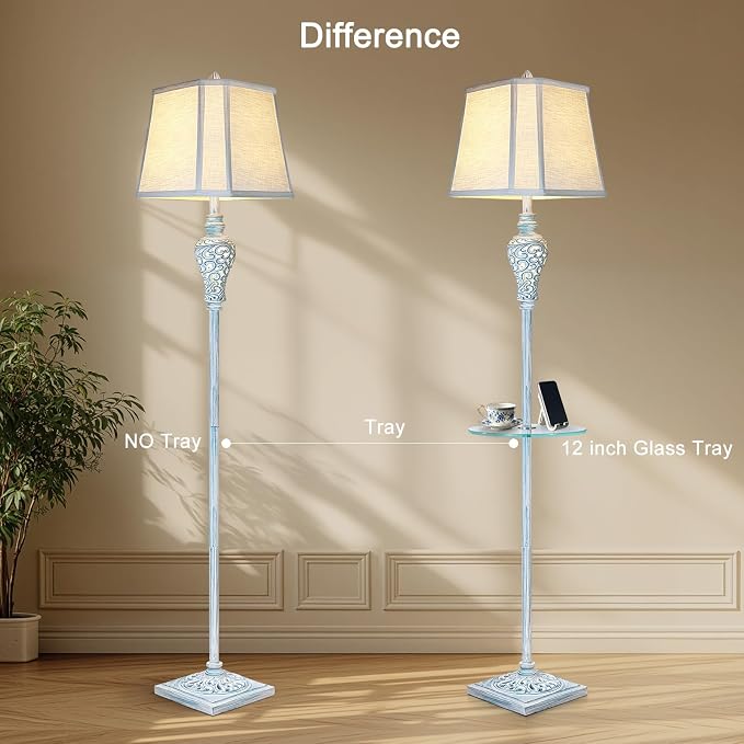 Vintage Floor Lamp with Night Light and Glass Tray, Washed Blue Finish