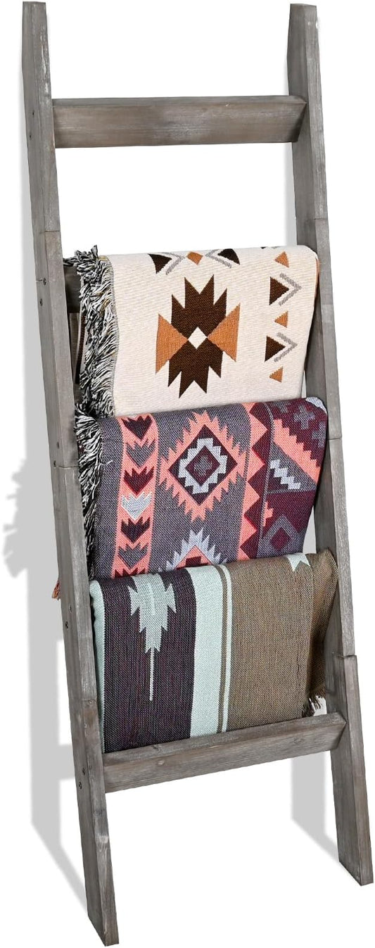 FUIN Blanket Ladder, 5ft Angled rungs Rustic Solid Wood Decor Rack, Grey | 5 rungs, farmhouse quilt display holder, organize towel, leaning wall, bathroom and living room use, knocked down side rail