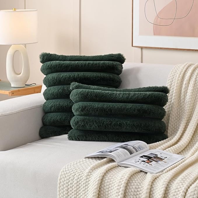 HAUSSY 2 Pack Lumbar Pillow Covers 12x20 Inch, Faux Fur Decorative Couch Throw Pillows Soft Striped Plush Cushion Covers Home Decor Cute Furry Pillowcase for Living Room Sofa Bed, Dark Green