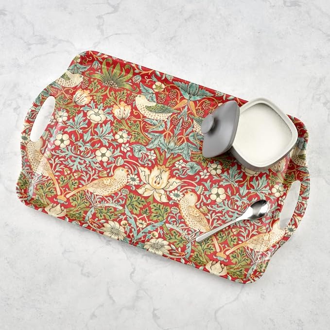 Pimpernel Morris & Co Strawberry Thief Red Large Handled Tray | Serving Tray for Lunch, Coffee, or Breakfast | Made of Melamine for Indoor and Outdoor use | Measures 18.9" x 11.6" | Dishwasher Safe