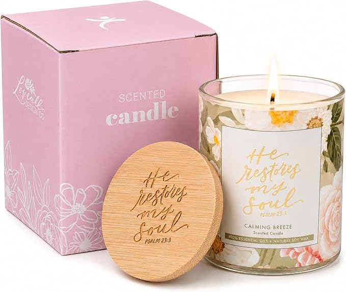 Christian Art Gifts Soy Wax Scented Candle: He Restores My Soul Bible Verse