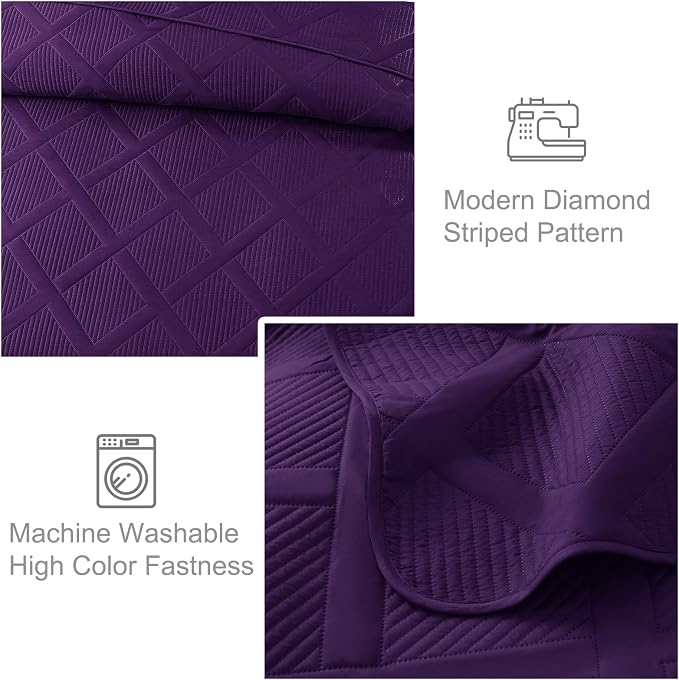 Exclusivo Mezcla Quilt King Size, Deep Purple | Soft Bedspreads with 2 Pillow Shams, Modern Striped Pattern, Lightweight Bedding Set Coverlets for All Seasons, 104x96 Inch