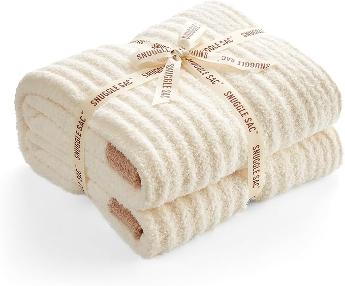 Snuggle Sac Buttery Soft Throw Blanket for Couch, Winter Fluffy Cozy Soft Throws Dupes for All Season, Reversible Warm Microfiber Fuzzy Blankets for Couch, Sofa, Bed, Travel, Cream, 50x60 inches