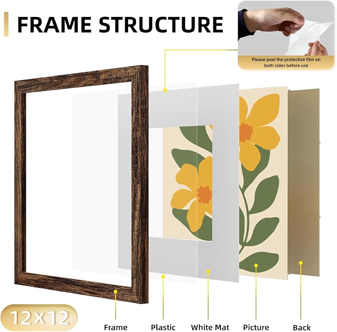 YESKAY 12x12 Picture Frame Set of 9, Photo Gallery Wall Frame Set, Display Pictures 8x8 with Mat or 12 x 12 Without Mat, Square Frame Picture Frames Collage Wall Decor, Rustic Brown