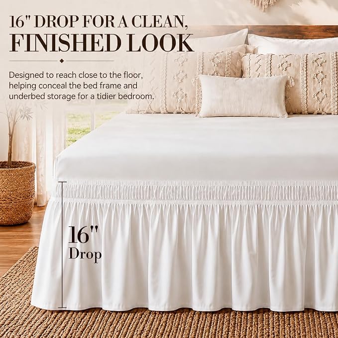 Vocander White Full Bed Skirt 16 Inch Drop, Elastic Wrap Dust Ruffle | Hides Underbed Storage, No Mattress Lifting, Elastic Stays Put, Soft Fabric, Machine Washable, Polished Look