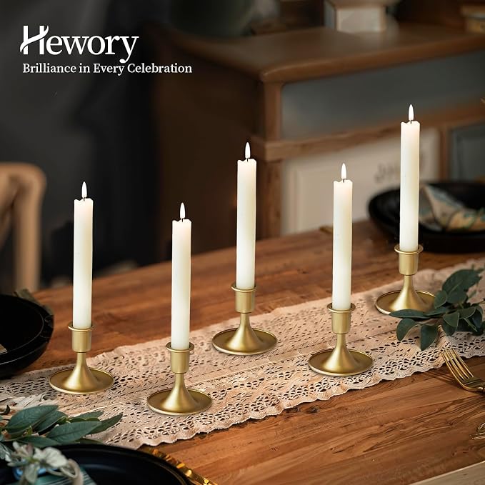 Gold Taper Candle Holder Set of 12, Hewory Short Skinny Brass Candlestick Holders, Vintage Small Low Metal Candles Sticks for Wedding Centerpieces Christmas Birthday Party Holiday Dinning Table Decor