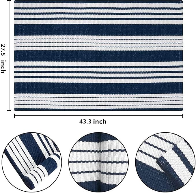 Blue and White Layered Doormat 27.5"x43.3"Cotton Door Mat Outdoor Porch Rug | Hand-Woven Washable Farmhouse Indoor/Outdoor Rug Combined With Hello Welcome Mat