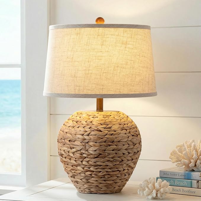 TOBUSA 25’’ Rattan Table Lamp for Living Room, Coastal Boho Wicker Lamp with 3 Color Temperatures, Farmhouse Rustic Seagrass Woven Basket Lamp for Bedroom Nightstand End Table Cottage, Bulb Included