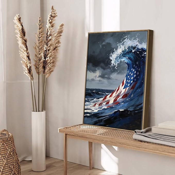 American Flag Framed Canvas Wall Art, 4th of July Patriotic Canvas Prints | USA Flag Ocean Waves Abstract Poster Print, Independence Day Wall Decor for Bedroom Living Room Office 24×32in