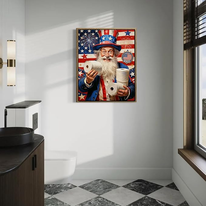 American Flag Framed Canvas Wall Art, 4th of July Patriotic Canvas Prints | Humorous Uncle Sam Toilet Paper Poster Print, Independence Day Wall Decor for Bedroom Bathroom Living Room 24×36in