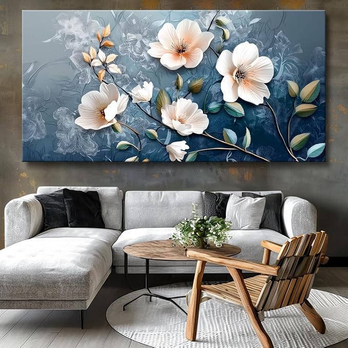 Large White Flower Wall Art with Blue Background Elegant Flower Framed Floral Canvas Print for Living Room, Bedroom, Dining Room, Home Office Modern Ready to Hang Home Decor - 20"x40"