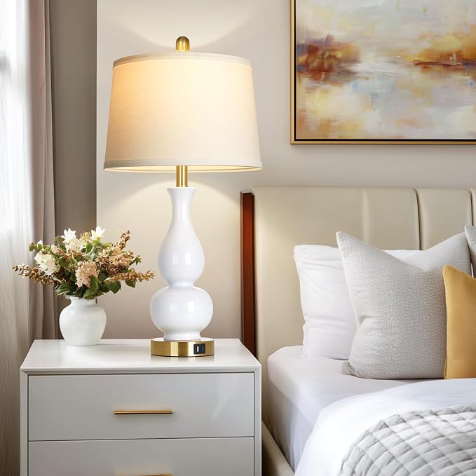 CINSARY 27" Double Gourd Ceramic Lamp Single, Modern White Bedside Table Lamps with USB A+C Ports, Classic Bedroom Lamp for Nightstand, Chinoiserie Lamps for Living Room Side End Table Desk Home Decor