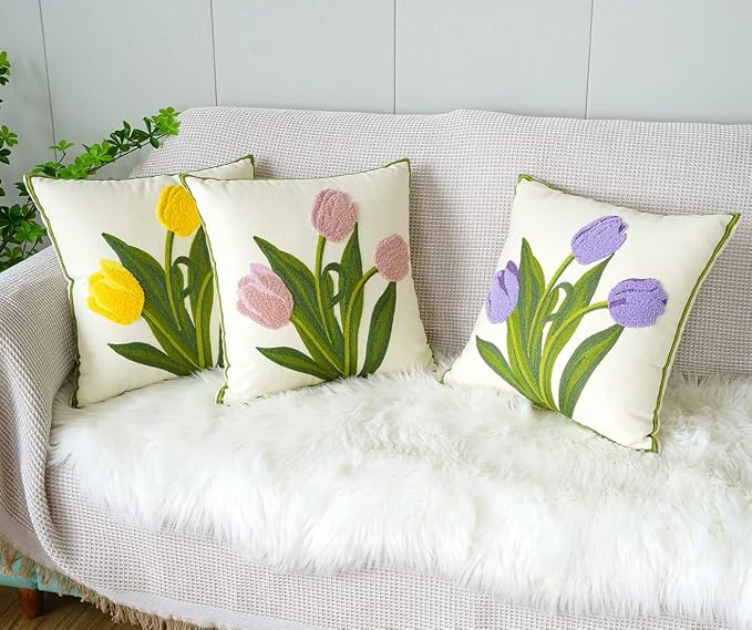 vctops Farmhouse Tulip Cotton Tufted Throw Pillow Cover Spring Floral Embroidery Pillowcase Soft Square Cushion Case for Sofa Couch Bed Chair (Pink,18"x18")