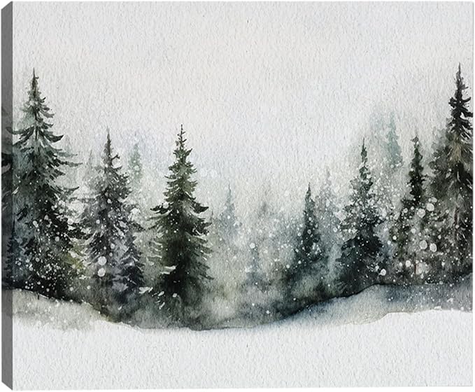 Framed Christmas Wall Art 8x12 inch, Pine Tree Artwork Christmas Decoration Indoor, Rustic Landscape Snow Winter Forest Painting Canvas Print Wall Picture for Living Room Decor
