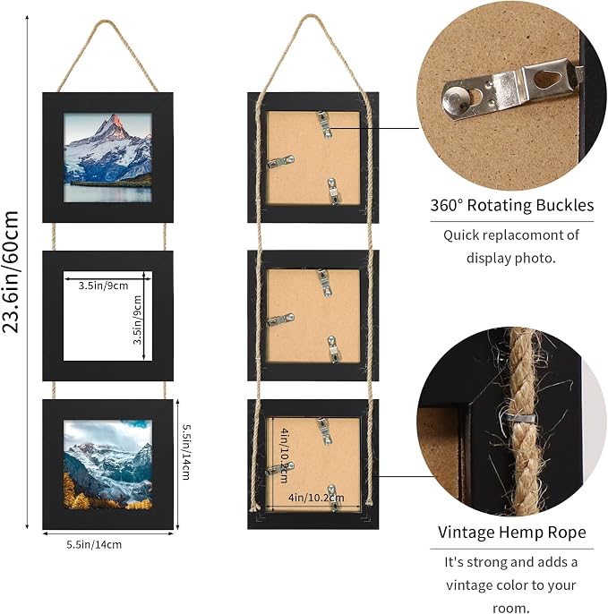 4x4 Collage Picture Frames Set of 2, Rustic Wooden Real Glass Vertical Hanging 3 Opening 4 by 4 Photo Frame, Black