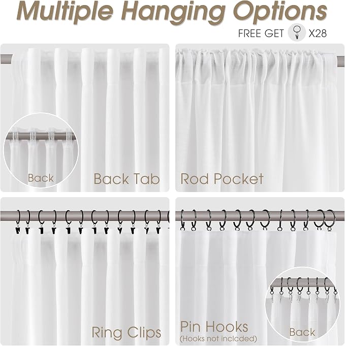Linen Curtains 54 Inch Length for Kitchen Back Tab Rod Pocket Semi Sheer Light Filtering Short Mini Curtain Boho Modern Farmhouse Drapes for Bath Room Cafe Solid Living Room 52Wx54L White 2 Panels