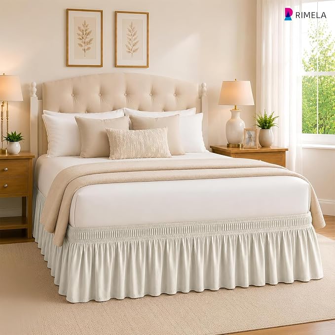 RIMELA Ivory Bed Skirt Queen Size 15 Inch Drop, Elastic Bed Skirting for Bed Base and Frame, Bedding Dust Ruffle Easy to Install, Lightweight Wrap Around Adjustable Bedskirt | Solid Ruffled, Easy to Use, No Mattress Lifting, Wrinkle & Fade Resistant, w...