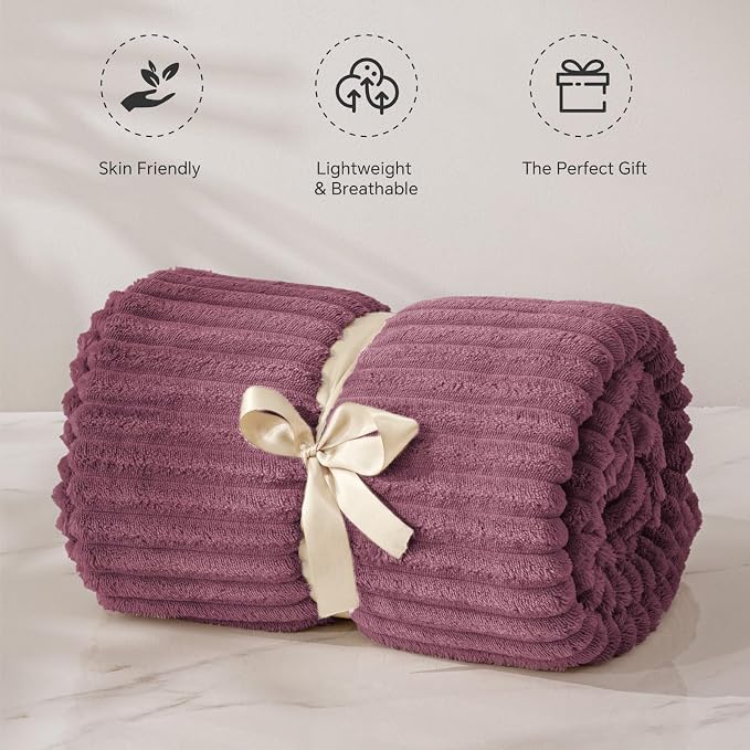 BEDELITE 3D Ribbed Jacquard Plum Fleece Twin Blanket for Bed, 60x80 Inch | Soft Warm Decorative Fluffy Blanket, Cozy Plush Lightweight Fuzzy Throw Blanket for Couch Sofa Room Decor, Gift for Women