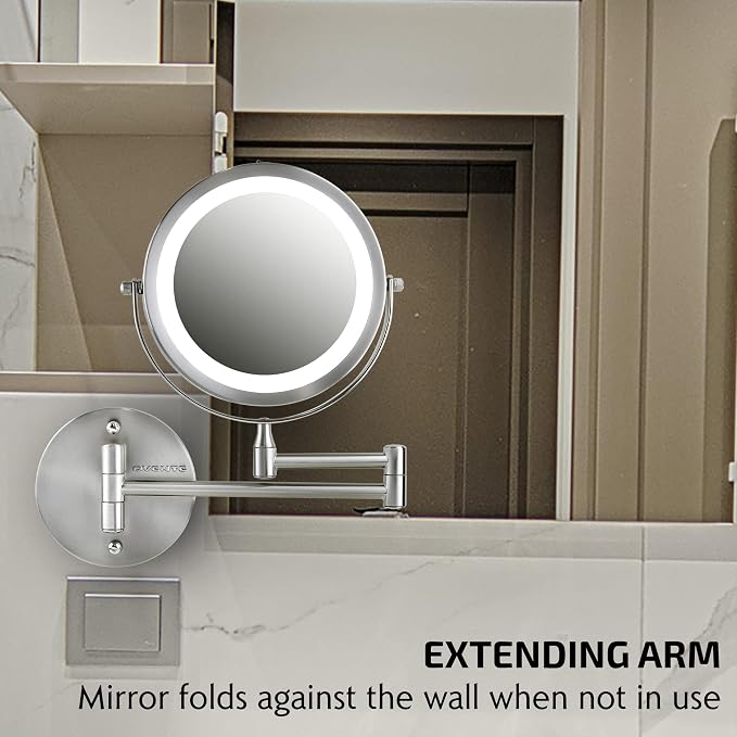 OVENTE 7" Wall Mounted Lighted Makeup Mirror, Nickel Brushed MFW70BR1X7X | Cordless Double Sided 1X/7X Magnifying Mirror for Bathroom with LED Lights, 360° Rotation, Extendable Arm, Battery Operated