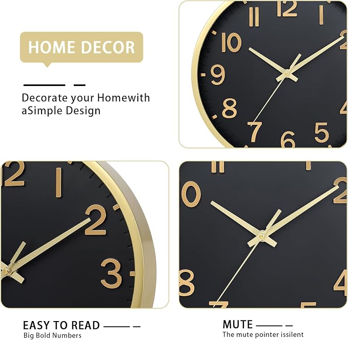 Wall Clocks Battery Operated 8 inch Modern Wall Clock,Silent Non Ticking Wall Clock for Living Room Bedroom Kitchen Office Classroom Decor (Black Gold)