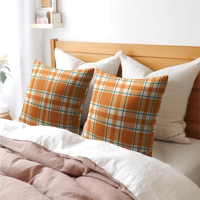 Orange Stripe Fall Throw Pillow Cover 16x16 Inch Set of 2 Hello Fall Stripes Buffalo Plaid Decorative Pillow Protector Pumpkin Autumn Thanksgiving Outdoor Cushion Case for Home Sofa Porch