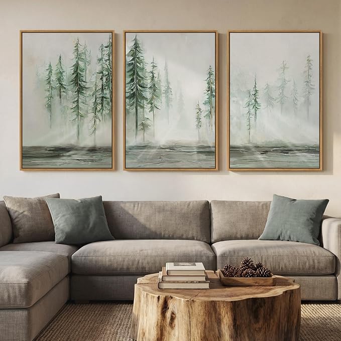 Framed Forest Tree Wall Art, 3 Piece Green Landscape Wall Decor, 24x36 Inch | Modern, Abstract, Large, Canvas artwork, Green, Pine tree picture, Bedroom art, Dining room decor, Ready to hang, Wood frame