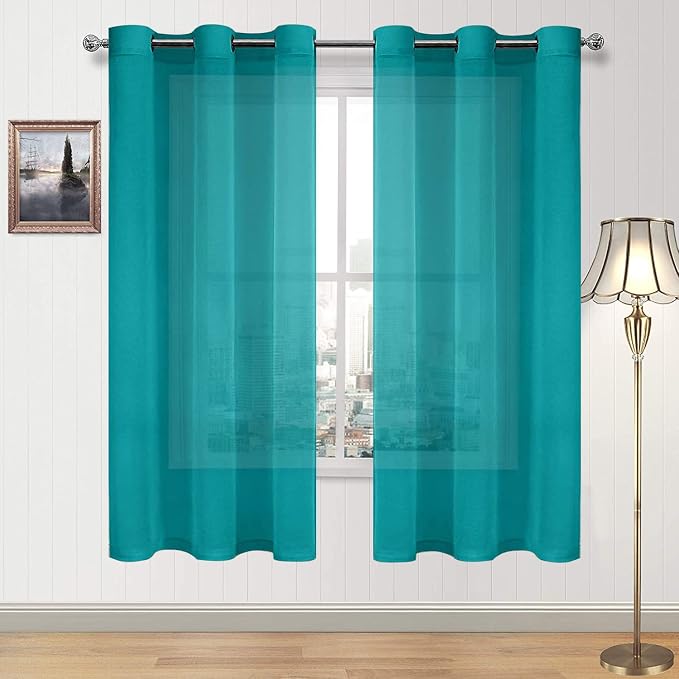 DWCN Semi Sheer Curtains, Grommet Top Faux Linen Look Voile Transparent Solid Window Sheer Curtains Drapes for Bedroom Living Room, Set of 2 Panels 46 x 63 Inches Long, Turquoise