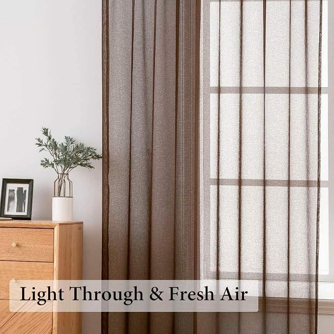 MIULEE Chocolate Brown Linen Textured Semi-Sheer Curtains 54W×96L 2 Panels | Semi Transparent, Farmhouse, Window Net Panels with Rod Pocket for Bedroom Living Room