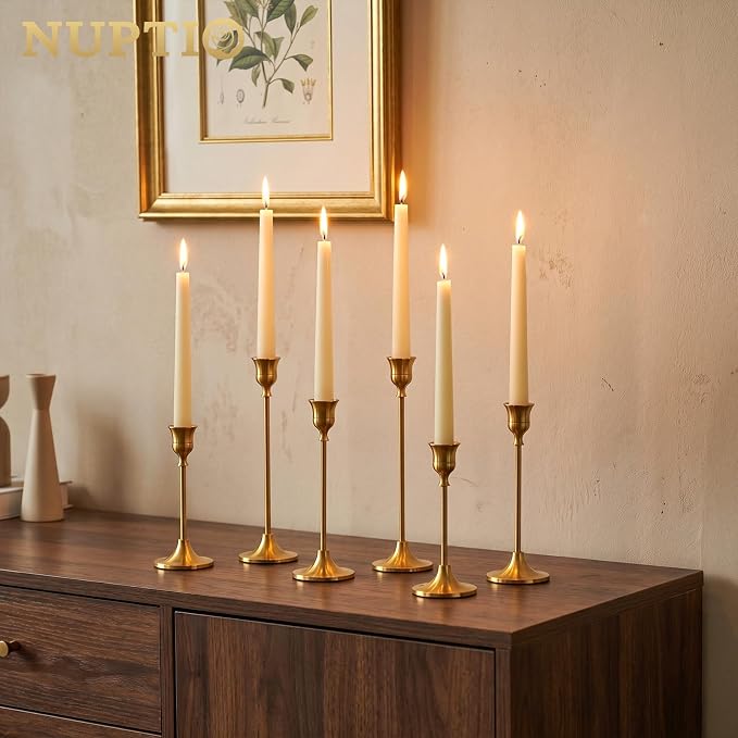 NUPTIO Candlestick Holders Vintage Centerpiece: Gold Antique Moody Decor | Set of 6 Solid Aluminum Candle Stick Taper Holders French Country Victorian Decoration for Christmas Dining Table Fireplace