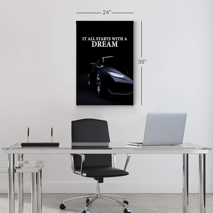 Smile Art Design It All Starts with a Dream Black Sports Car Luxury Motivational Wall Art Canvas Print Inspirational Wall Art Entrepreneur Quote Office Living Room Decor Gift Ready to Hang 36x24