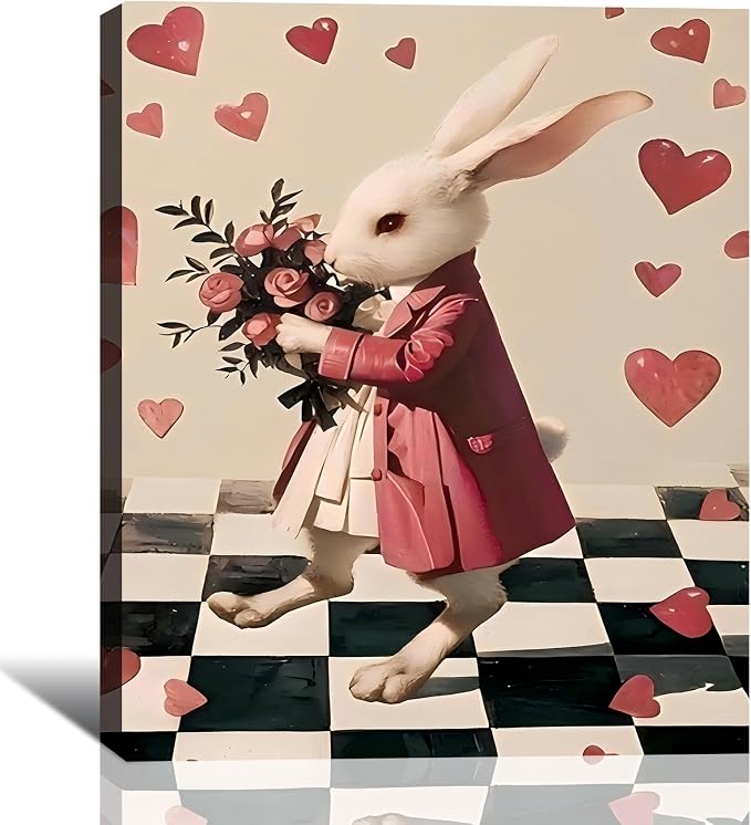 Large Whimsical Easter Bunny Canvas Art 24x36, Romantic Framed Rabbit Picture for Hallway, Bedroom, Light Spring Heart Pictures for Easter Dinning Room Home Wall Decoration