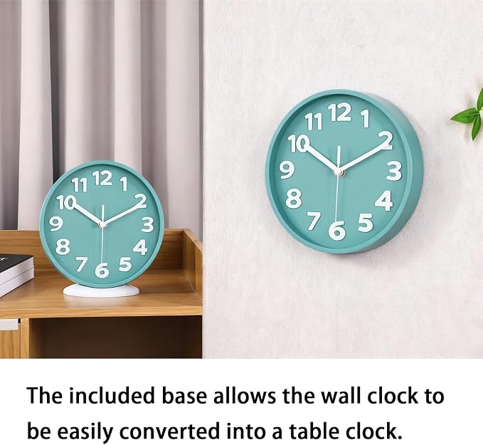 JENLYSTIME 8 Inch Vibrant Teal Modern Wall Clock – Silent Non-Ticking, Bold 3D Numbers, Precise Quartz Movement | Decorative Desk & Wall Clock with Stand for Home, Kitchen, Bedroom, or Office