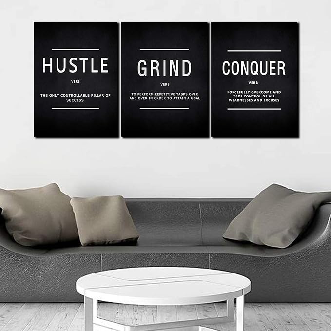 KAWAHONE Inspiration Canvas Wall Art Large, Grind Hustle Conquer Quotes Poster Framed Success Painting Picture Wall Sign for Home Office Workplace Wall Hanging- 24" Wx36 Hx3Piece