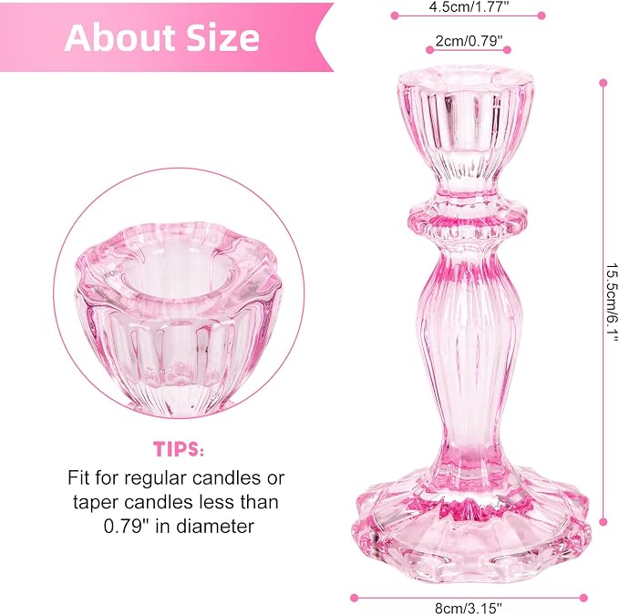 Glass Candle Holders, 2PCS Decorative Candle Stand Wide Base Candlestick Holder Table Centerpiece Decor for Wedding Festival Party Windowsill, Pink