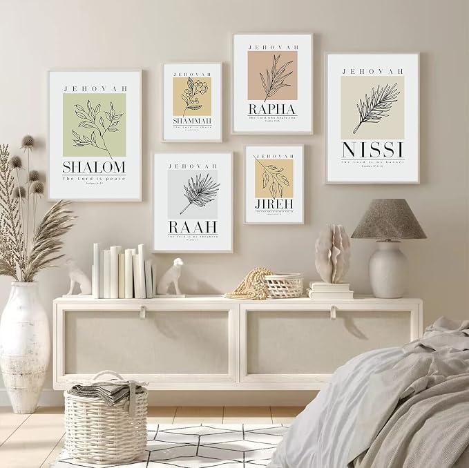 Bible Wall Art Print Set of 6 Christian Scripture Wall Art Decor Jehovah Jireh Rapha Shalom Shammah Nissi Raah Wall Art Bible Verse Poster Modern Minimalist for Living Room Bedroom 8x10 Inch UNFRAMED