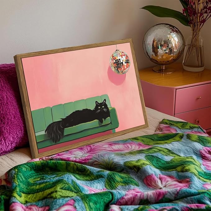 Funny Black Cat Wall Art, Cute Animal Wall Decor Painting, Eclectic Disco Ball Bar Cart Canvas Prints Artwork Pictures for Bedroom Living Room 12x16 inch Wood Framed